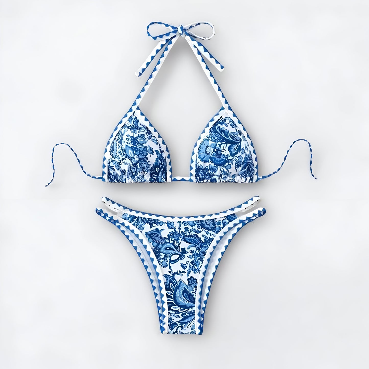 Maillot de bain triangle imprimé bleu et blanc style céramique – 2 p