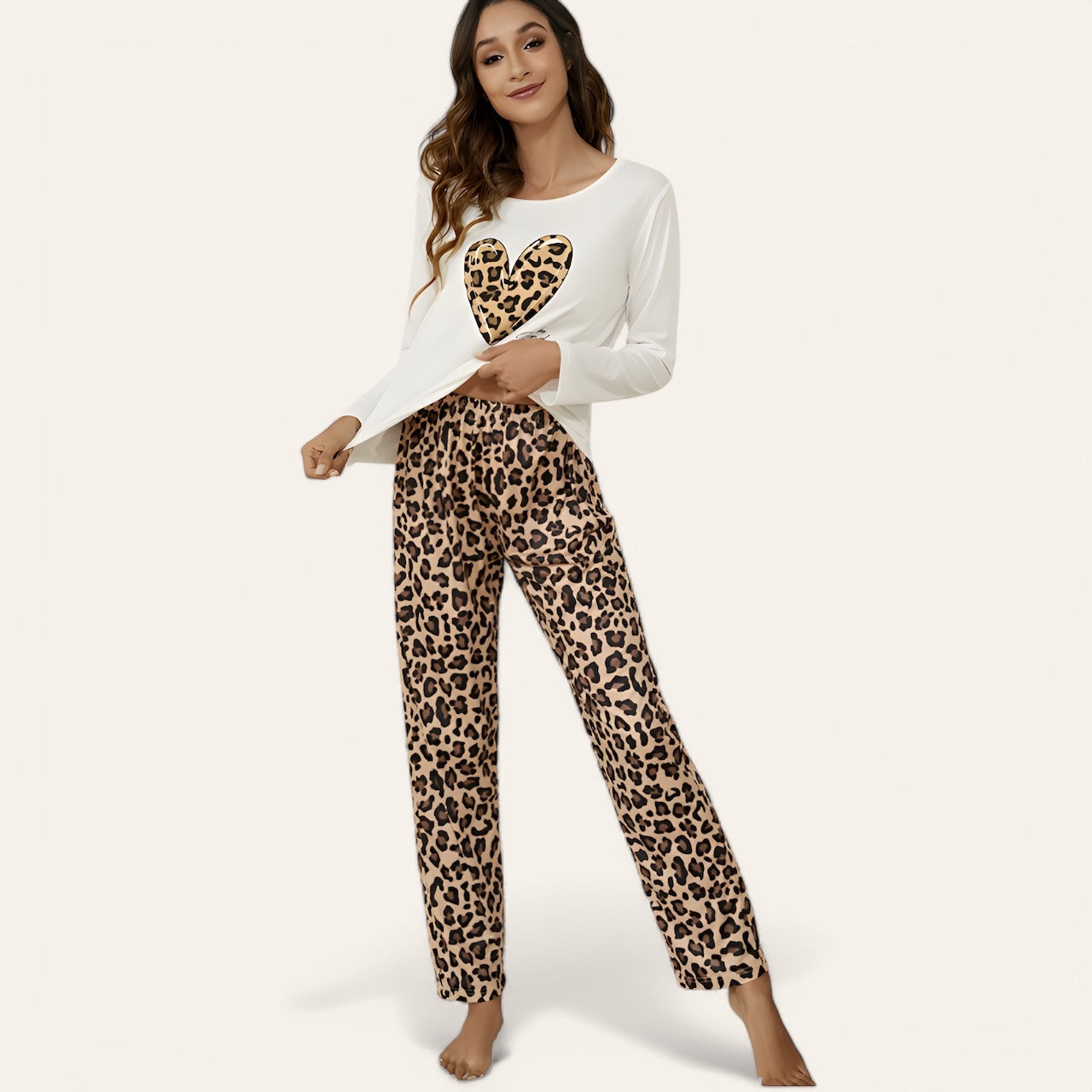 Ensemble pyjama léopard imprimé cœur et lettres - Haut manches longues et pantalon