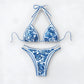 Maillot de bain triangle imprimé bleu et blanc style céramique – 2 p