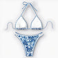 Maillot de bain triangle imprimé bleu et blanc style céramique – 2 p