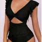 Maillot de bain une pièce noir femme – décolleté plongeant & volants Linoa
