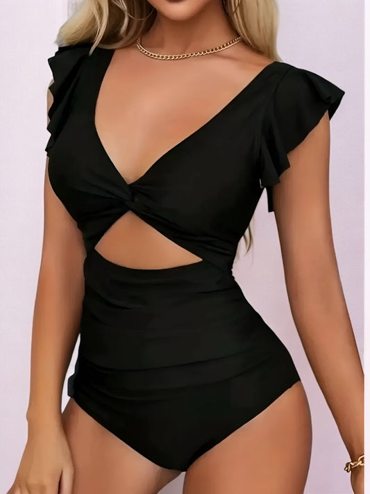 Maillot de bain une pièce noir femme – décolleté plongeant & volants Linoa