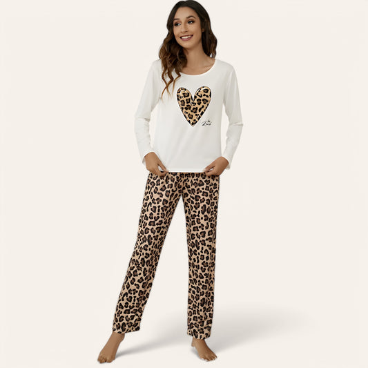 Ensemble pyjama léopard imprimé cœur et lettres - Haut manches longues et pantalon